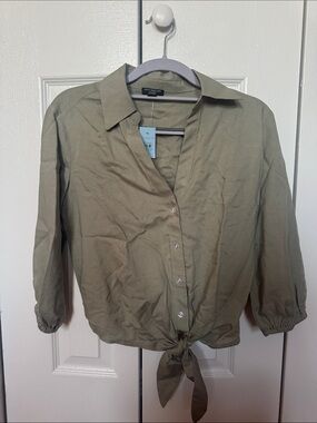 Ann Taylor XXSP Olive Tie-Front Button Shirt Jacket